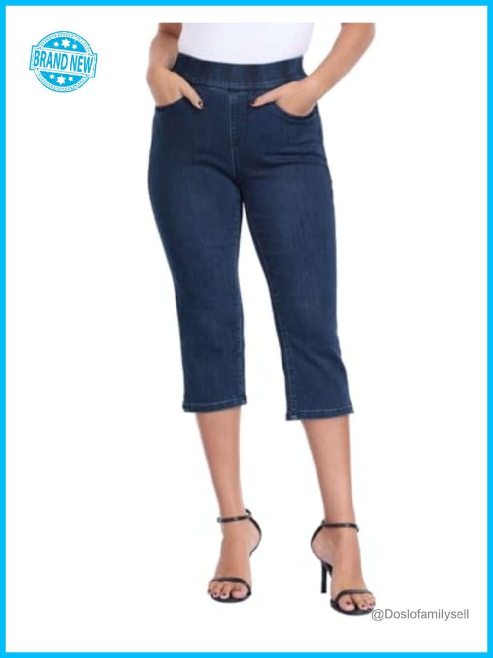 Womens Pull On Capri Jeans High Waist Tummy Control 21" Inseam Slim Fit